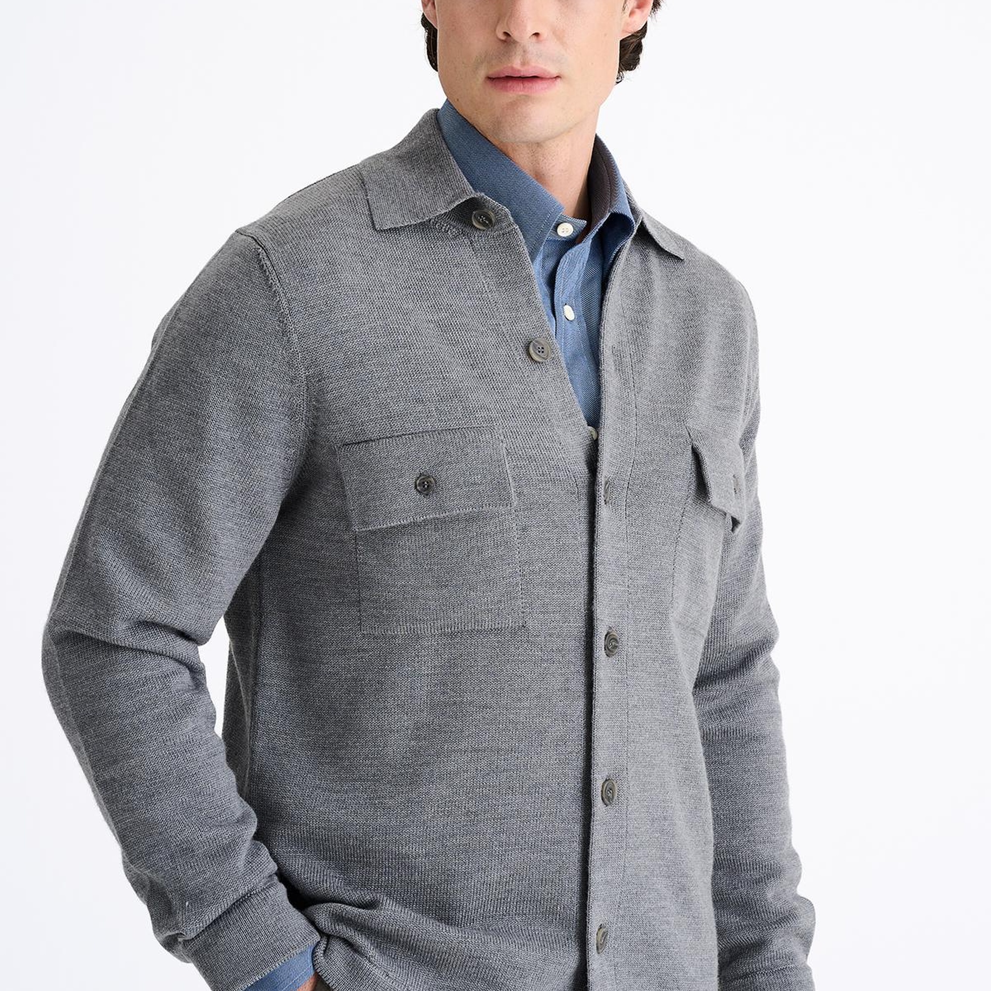 Erkek Gri Extrafine Yün Overshirt Triko