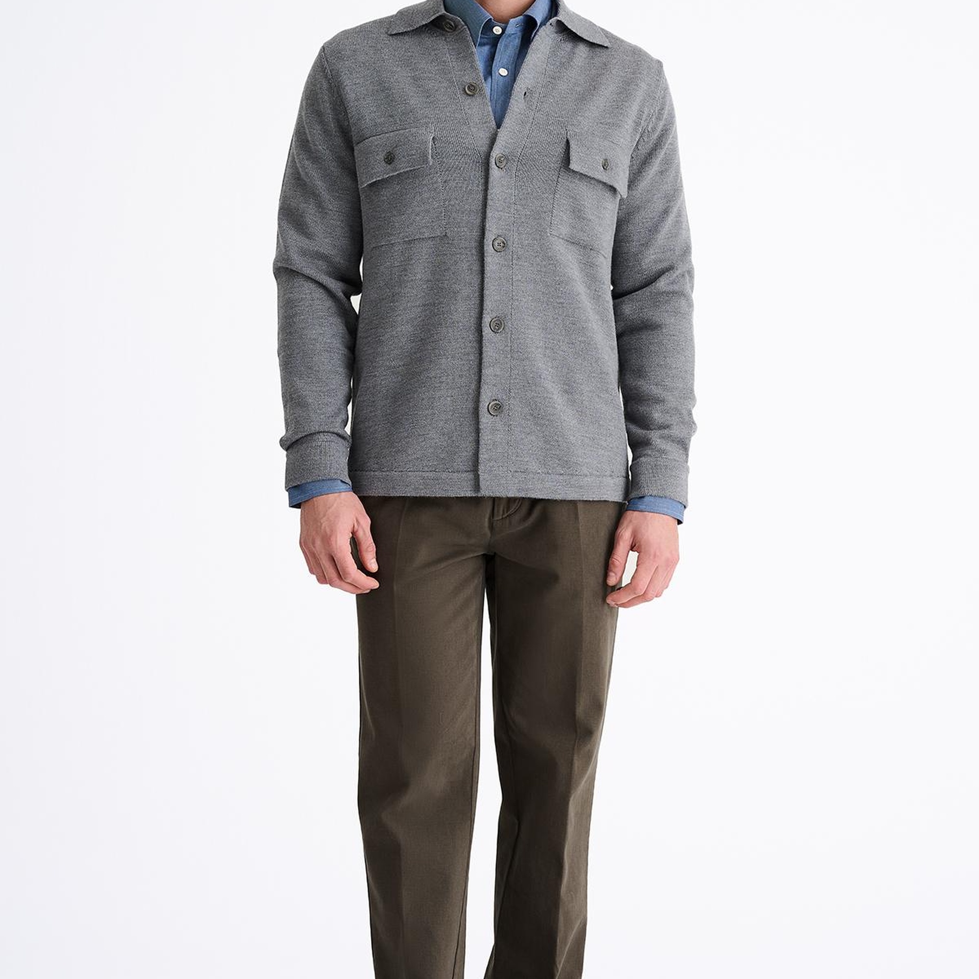 Erkek Gri Extrafine Yün Overshirt Triko