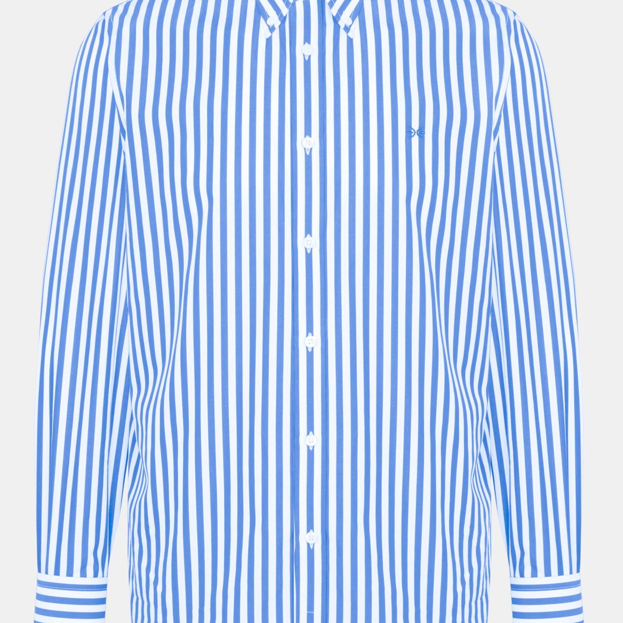 Erkek Mavi Cooper Fit Düğmeli Yaka Çizgili Spor Gömlek