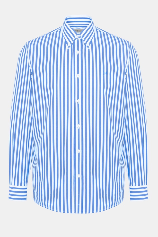  Erkek Mavi Cooper Fit Düğmeli Yaka Çizgili Spor Gömlek