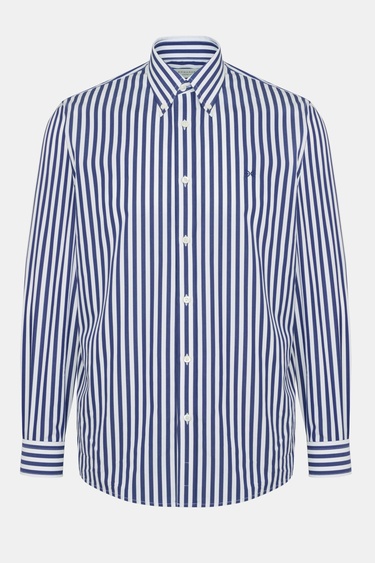  Erkek Lacivert Cooper Fit Düğmeli Yaka Çizgili Spor Gömlek