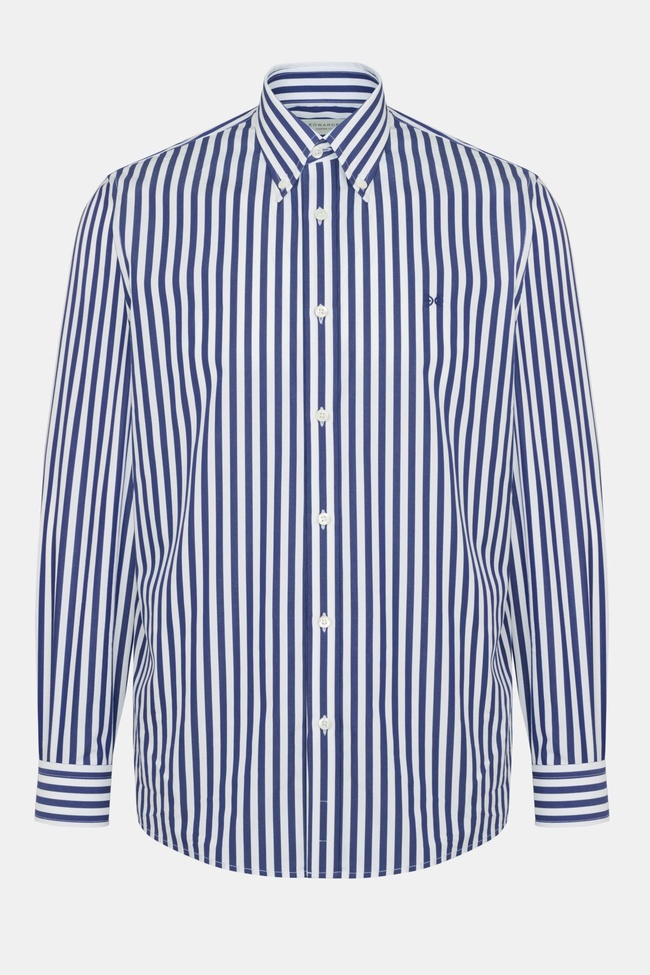  Erkek Lacivert Cooper Fit Düğmeli Yaka Çizgili Spor Gömlek