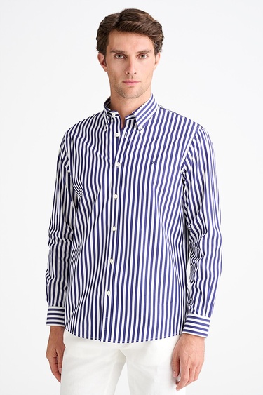  Erkek Lacivert Cooper Fit Düğmeli Yaka Çizgili Spor Gömlek