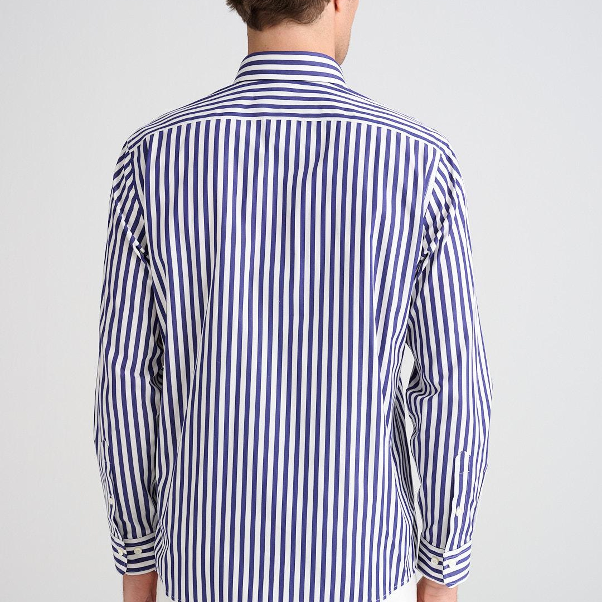 Erkek Lacivert Cooper Fit Düğmeli Yaka Çizgili Spor Gömlek