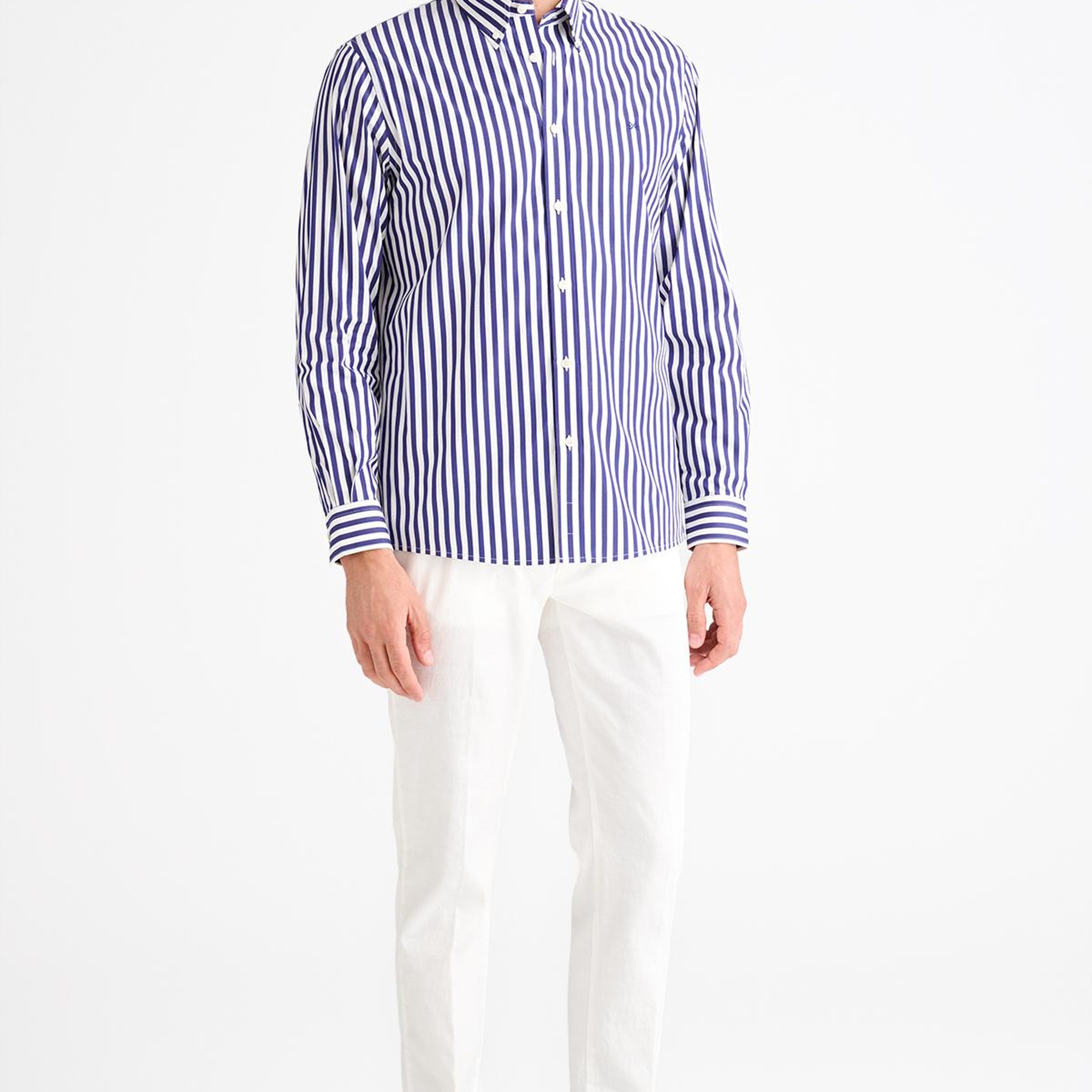 Erkek Lacivert Cooper Fit Düğmeli Yaka Çizgili Spor Gömlek