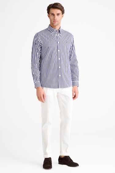  Erkek Lacivert Cooper Fit Düğmeli Yaka Çizgili Spor Gömlek