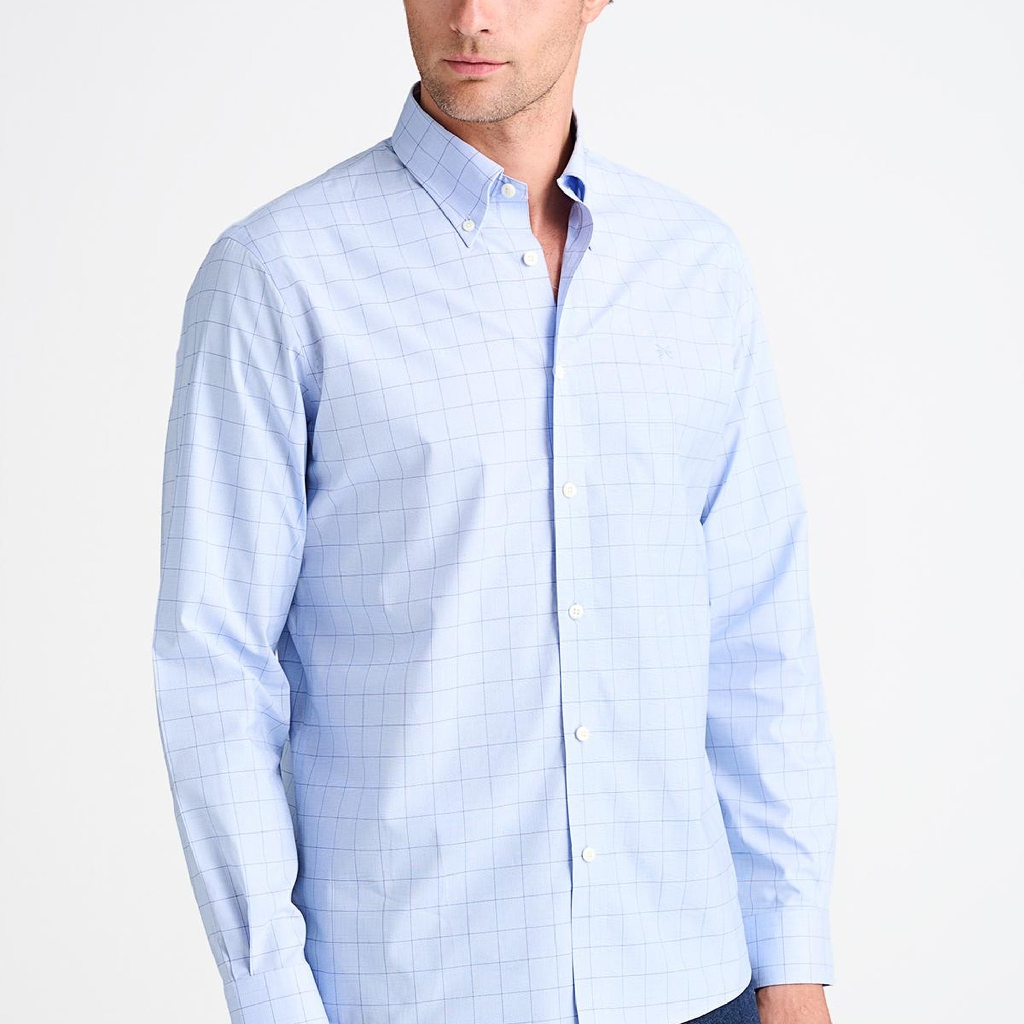 Erkek Lacivert Cooper Fit Düğmeli Yaka Ekoseli Spor Gömlek