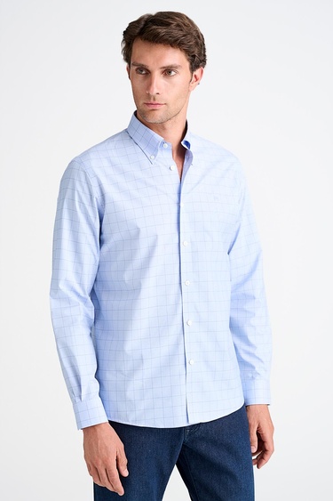  Erkek Lacivert Cooper Fit Düğmeli Yaka Ekoseli Spor Gömlek