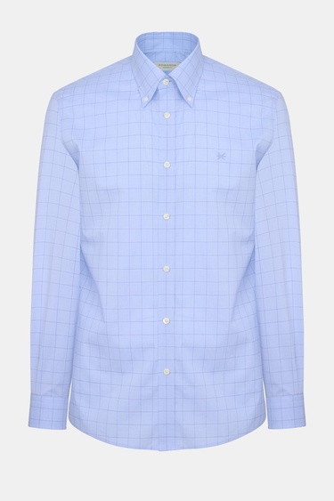  Erkek Lacivert Cooper Fit Düğmeli Yaka Ekoseli Spor Gömlek