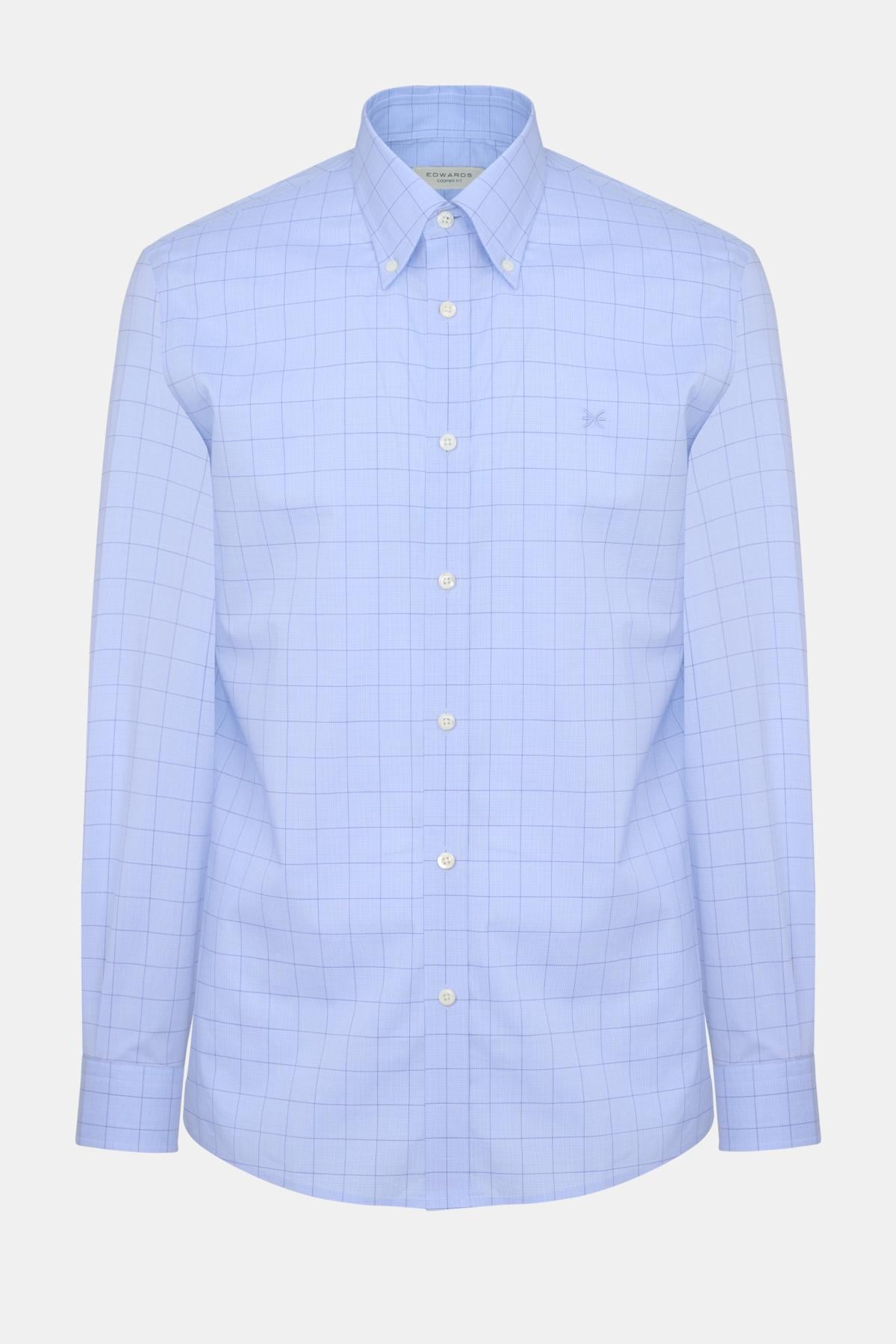  Erkek Lacivert Cooper Fit Düğmeli Yaka Ekoseli Spor Gömlek