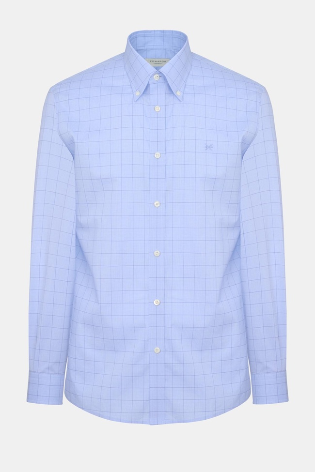  Erkek Lacivert Cooper Fit Düğmeli Yaka Ekoseli Spor Gömlek