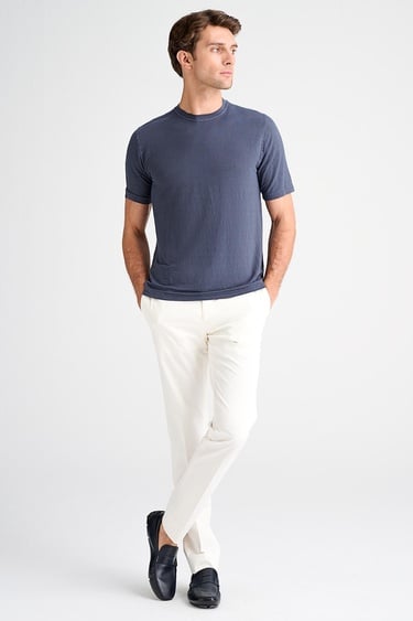  Erkek Mavi Bisiklet Yaka Keten T-Shirt