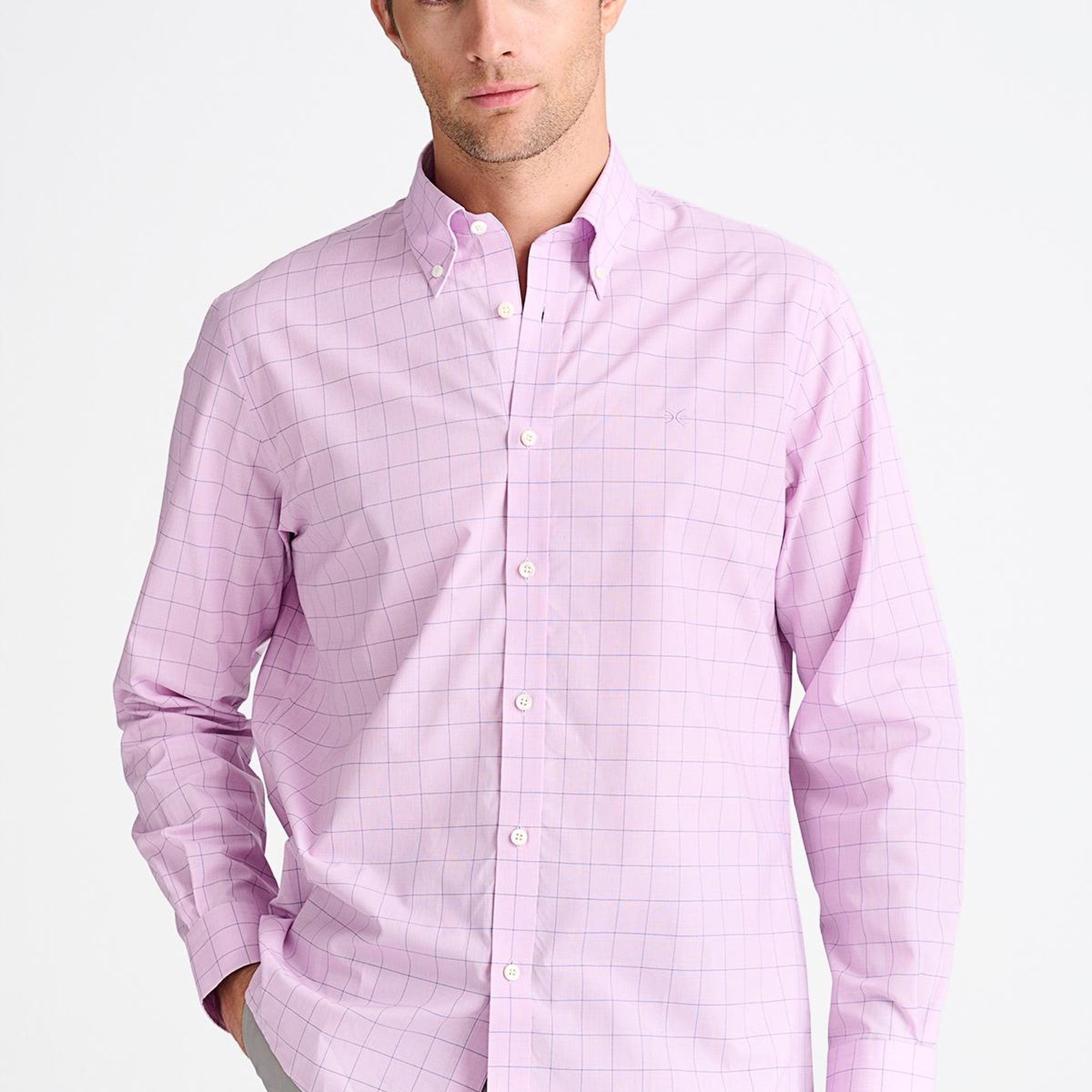 Erkek Pembe Cooper Fit Düğmeli Yaka Ekoseli Spor Gömlek