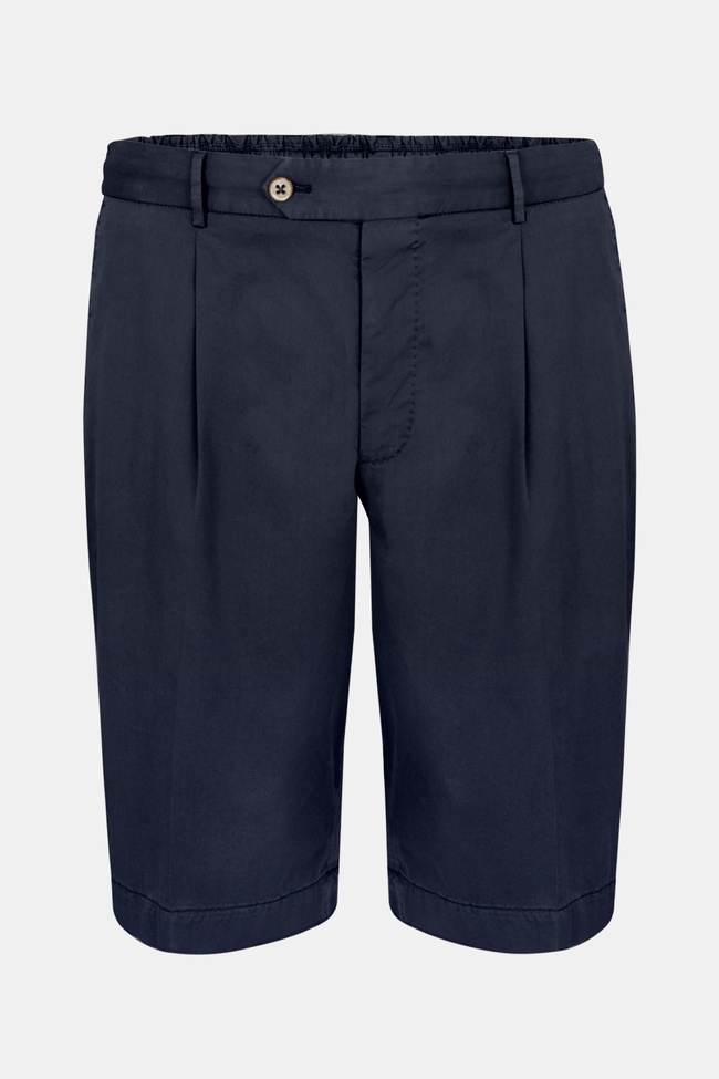  Erkek Koyu Lacivert Büzgülü Elastik Bel Bantlı Pilili Bermuda Şort