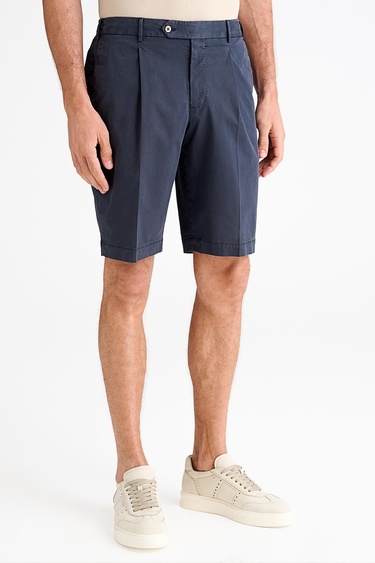  Erkek Koyu Lacivert Büzgülü Elastik Bel Bantlı Pilili Bermuda Şort