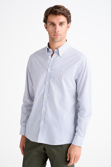  Erkek Mavi Cooper Fit Düğmeli Yaka Pötikare Desenli Spor Gömlek