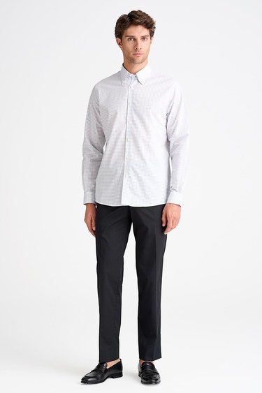  Erkek Gri Cooper Fit Düğmeli Yaka Pötikare Desenli Spor Gömlek