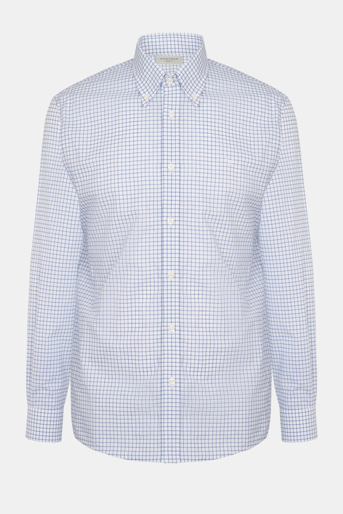  Erkek Gri Cooper Fit Düğmeli Yaka Pötikare Desenli Spor Gömlek