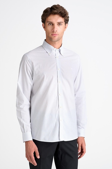  Erkek Gri Cooper Fit Düğmeli Yaka Pötikare Desenli Spor Gömlek