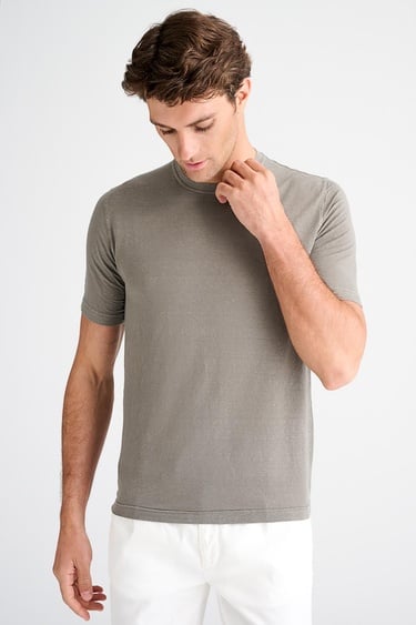  Erkek Bej Bisiklet Yaka Keten T-Shirt