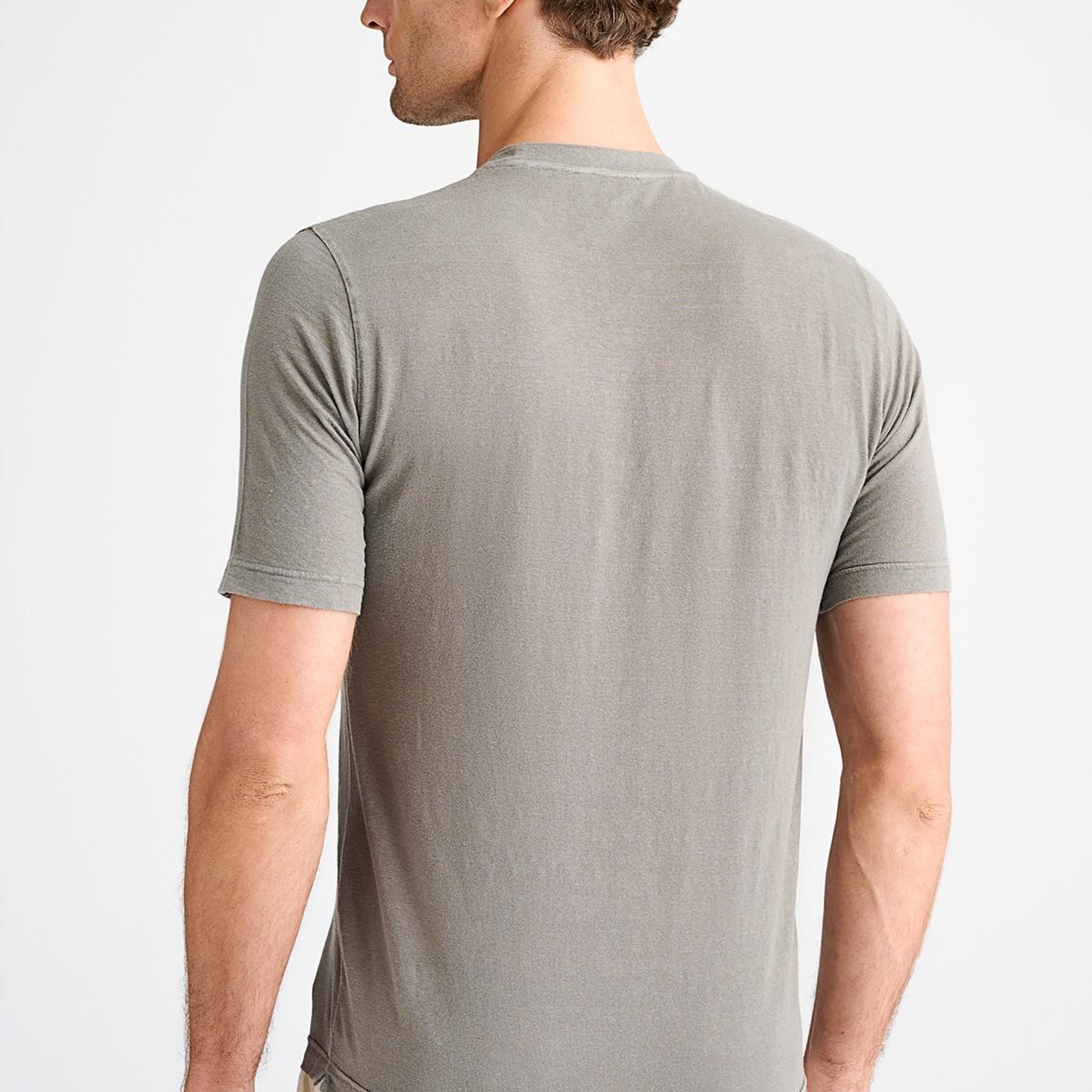 Erkek Bej Bisiklet Yaka Keten T-Shirt