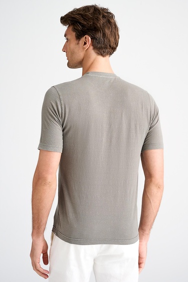  Erkek Bej Bisiklet Yaka Keten T-Shirt