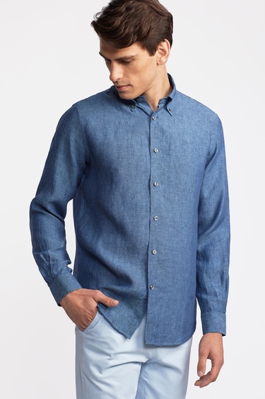  Erkek İndigo Düğmeli Yaka Cooper Fit İrlanda Keten Gömlek