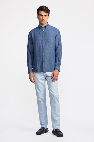  Erkek İndigo Düğmeli Yaka Cooper Fit İrlanda Keten Gömlek