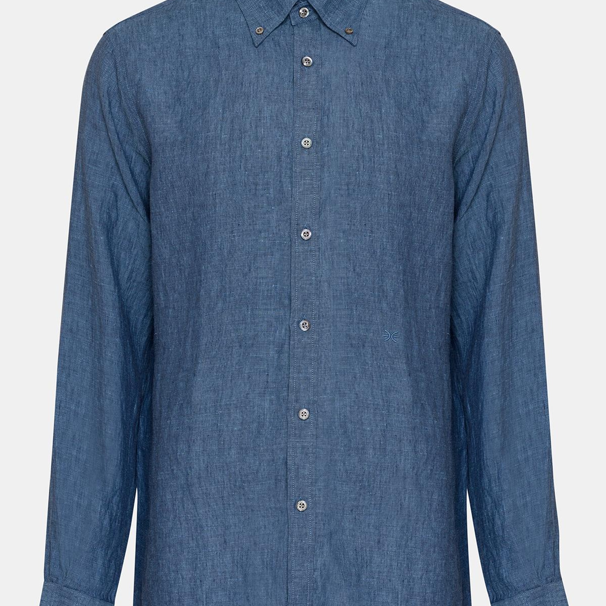 Erkek İndigo Düğmeli Yaka Cooper Fit İrlanda Keten Gömlek