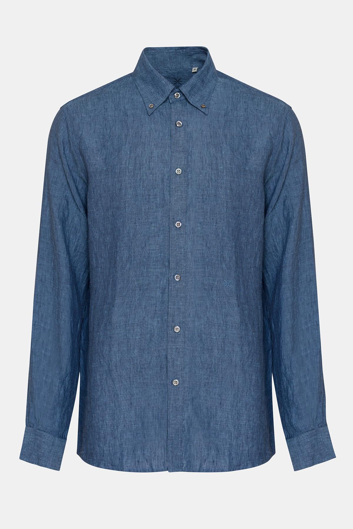  Erkek İndigo Düğmeli Yaka Cooper Fit İrlanda Keten Gömlek