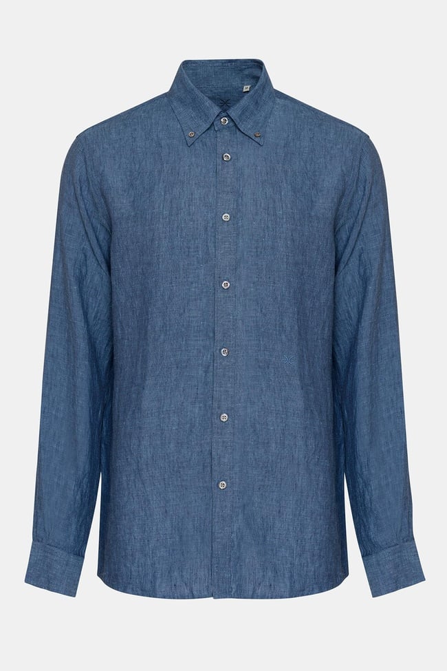  Erkek İndigo Düğmeli Yaka Cooper Fit İrlanda Keten Gömlek