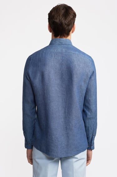  Erkek İndigo Düğmeli Yaka Cooper Fit İrlanda Keten Gömlek