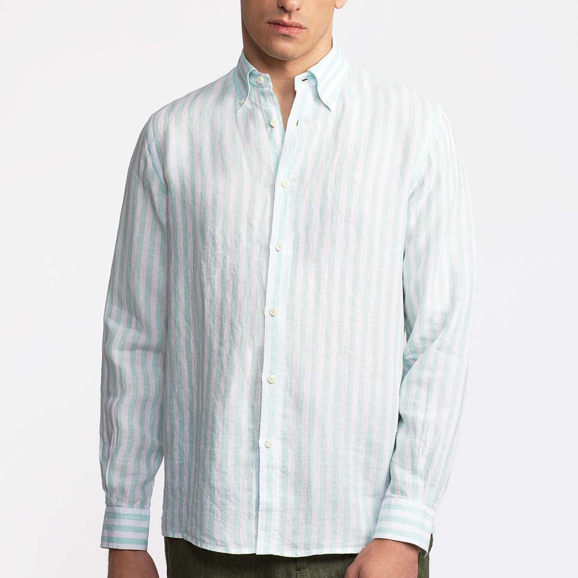 Erkek Yeşil Düğmeli Yaka Cooper Fit İrlanda Keten Gömlek