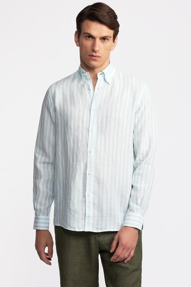  Erkek Yeşil Düğmeli Yaka Cooper Fit İrlanda Keten Gömlek