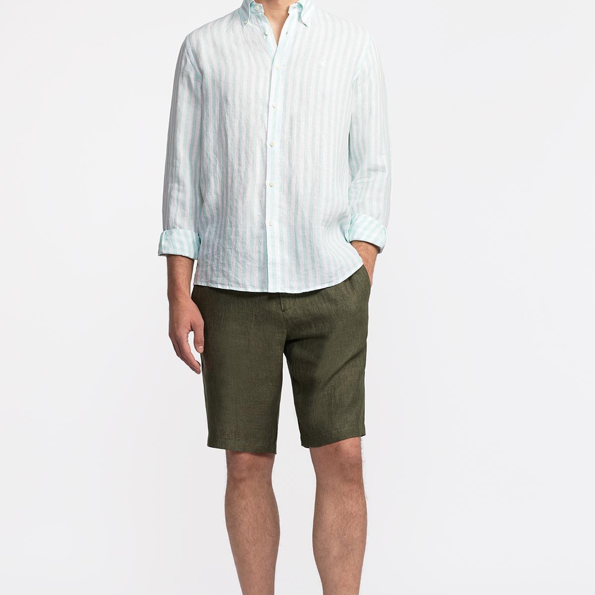 Erkek Yeşil Düğmeli Yaka Cooper Fit İrlanda Keten Gömlek