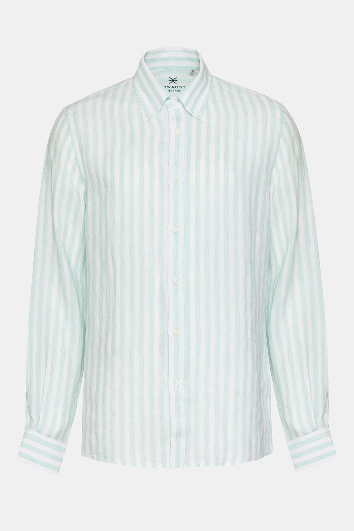  Erkek Yeşil Düğmeli Yaka Cooper Fit İrlanda Keten Gömlek