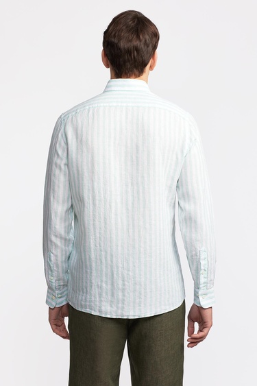  Erkek Yeşil Düğmeli Yaka Cooper Fit İrlanda Keten Gömlek