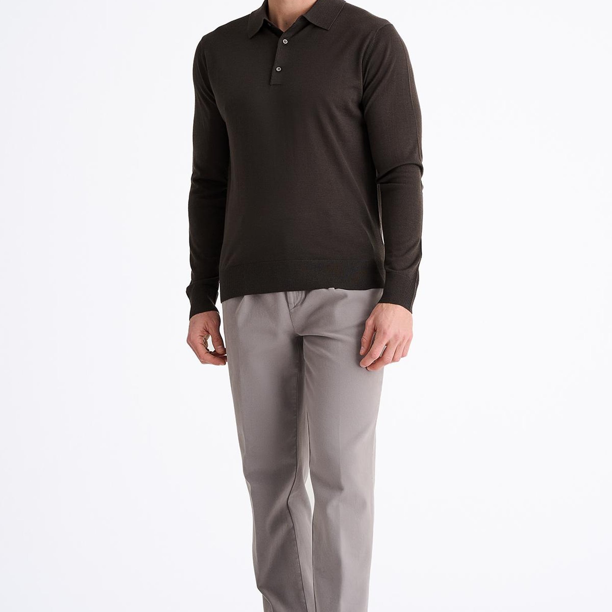 Erkek Kahverengi Yün Polo Yaka Kazak