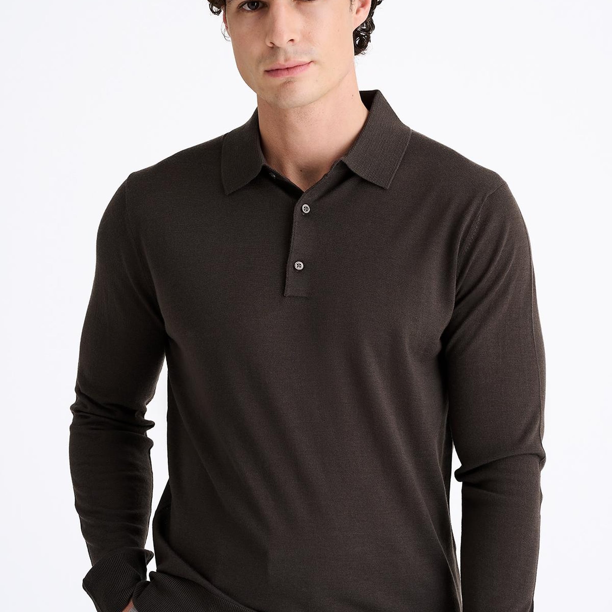 Erkek Kahverengi Yün Polo Yaka Kazak