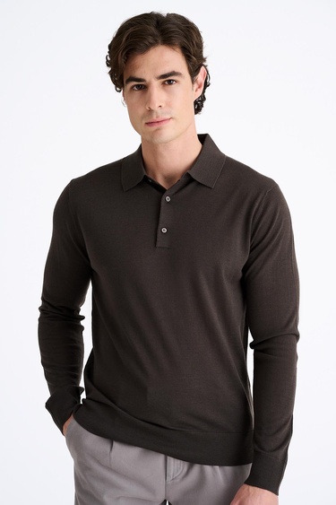  Erkek Kahverengi Yün Polo Yaka Kazak