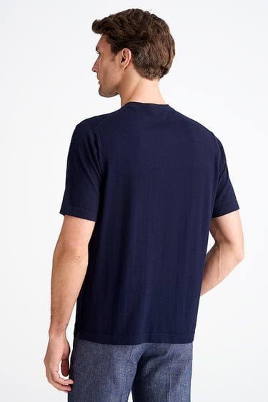  Erkek Lacivert Pamuk İpek Karışımlı Kısa Kollu Kazak