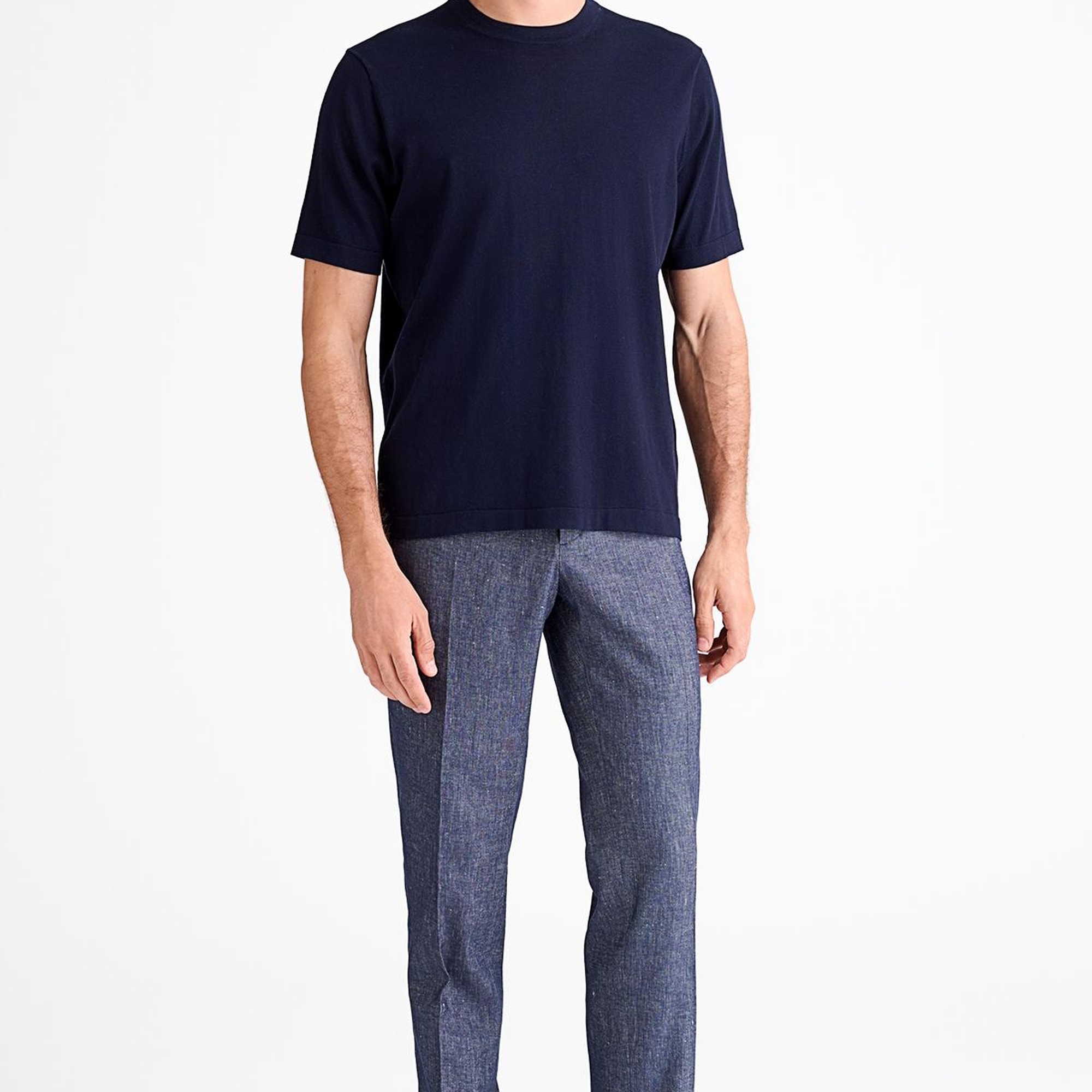 Erkek Lacivert Pamuk İpek Karışımlı Kısa Kollu Kazak