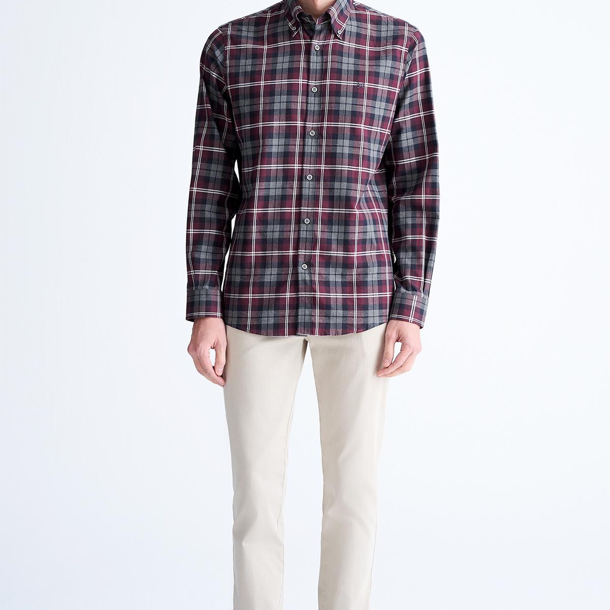 Erkek Bordo Cooper Fit Ekoseli Düğmeli Yaka Flanel Spor Gömlek