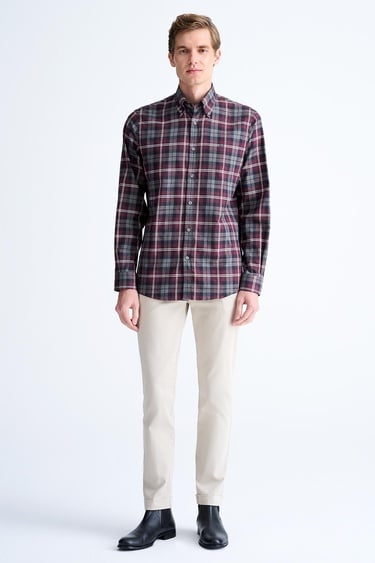  Erkek Bordo Cooper Fit Ekoseli Düğmeli Yaka Flanel Spor Gömlek