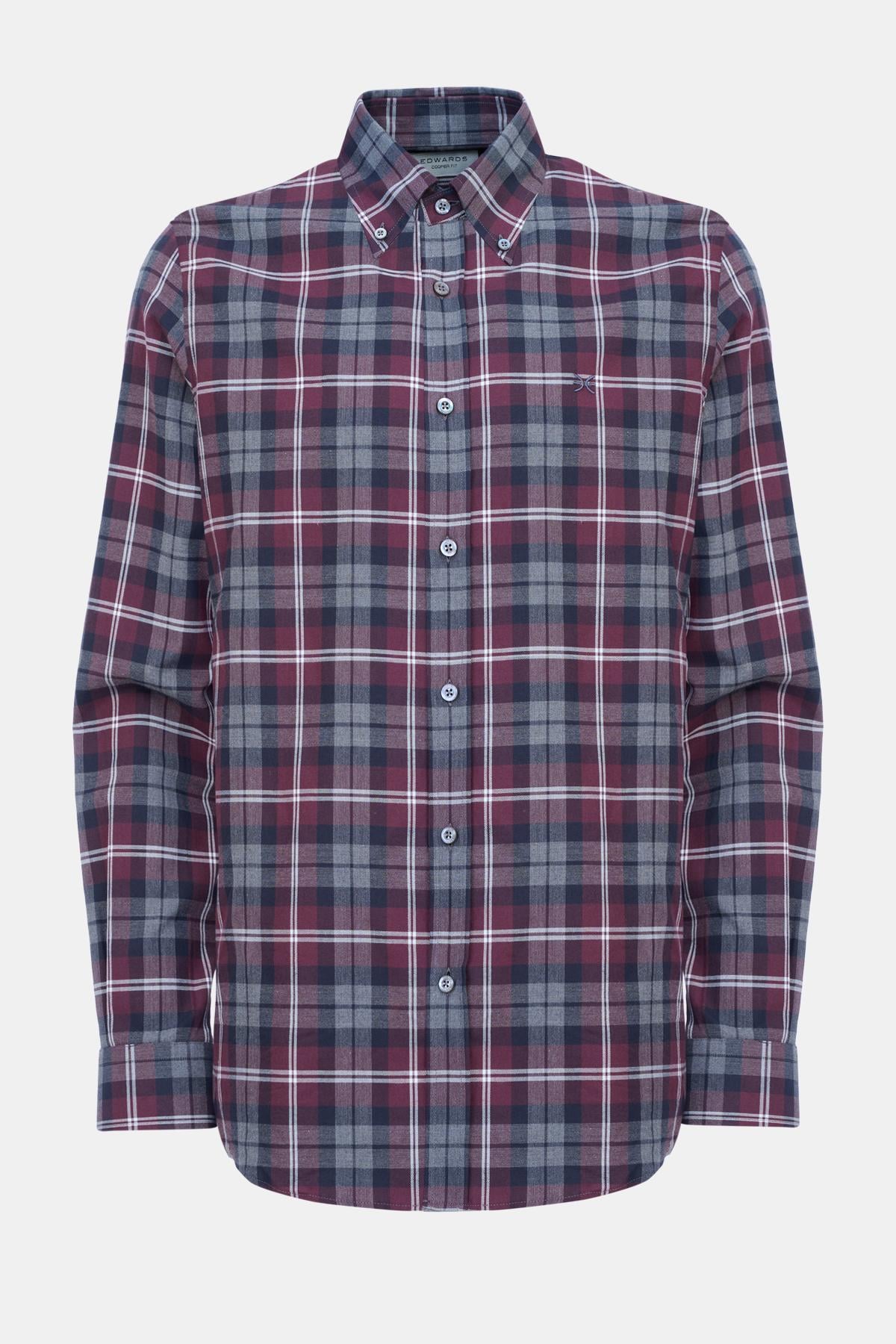 Erkek Bordo Cooper Fit Ekoseli Düğmeli Yaka Flanel Spor Gömlek