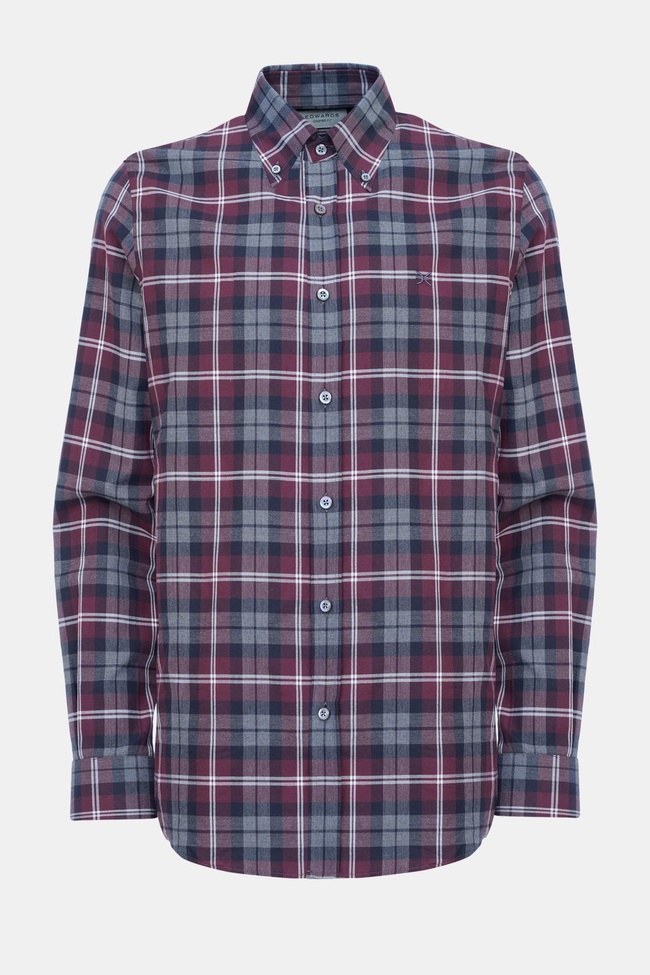  Erkek Bordo Cooper Fit Ekoseli Düğmeli Yaka Flanel Spor Gömlek