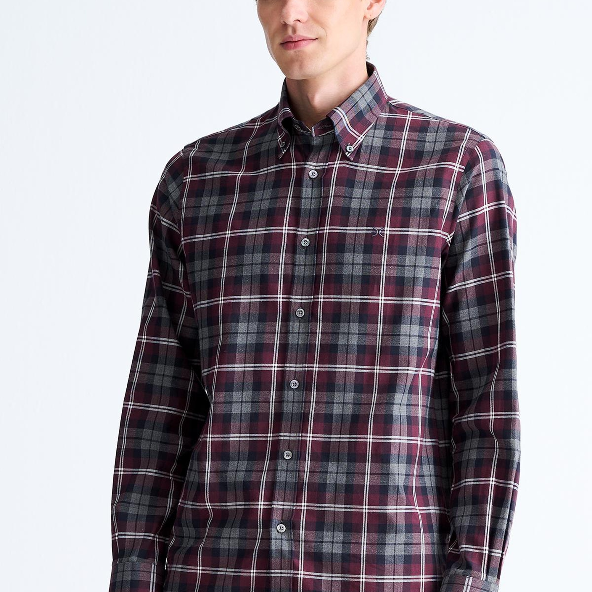 Erkek Bordo Cooper Fit Ekoseli Düğmeli Yaka Flanel Spor Gömlek