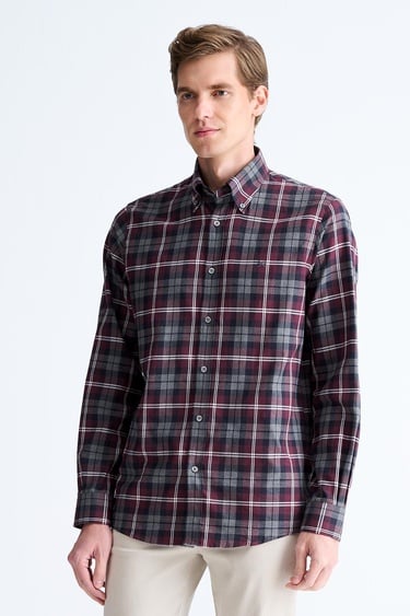  Erkek Bordo Cooper Fit Ekoseli Düğmeli Yaka Flanel Spor Gömlek