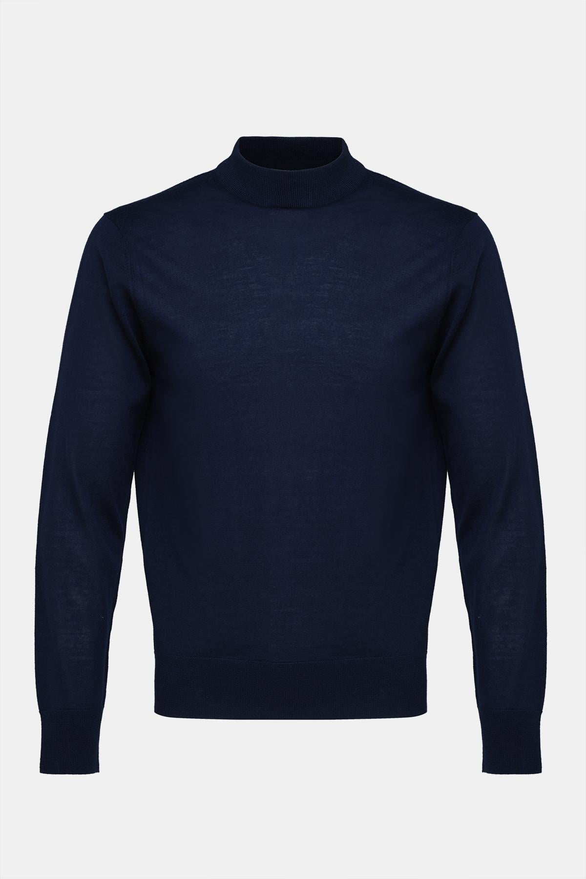  Erkek Lacivert Yün Yarım Balıkçı Yaka Kazak