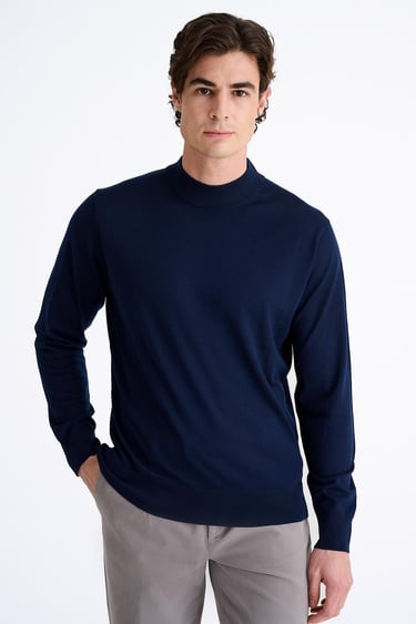  Erkek Lacivert Yün Yarım Balıkçı Yaka Kazak